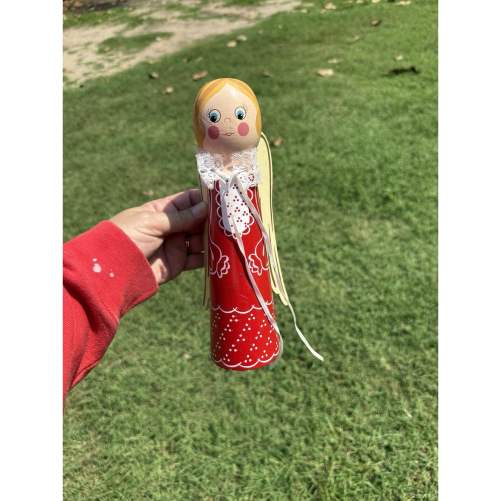Hand painted Angel Wooden Red Christmas Holiday 9”